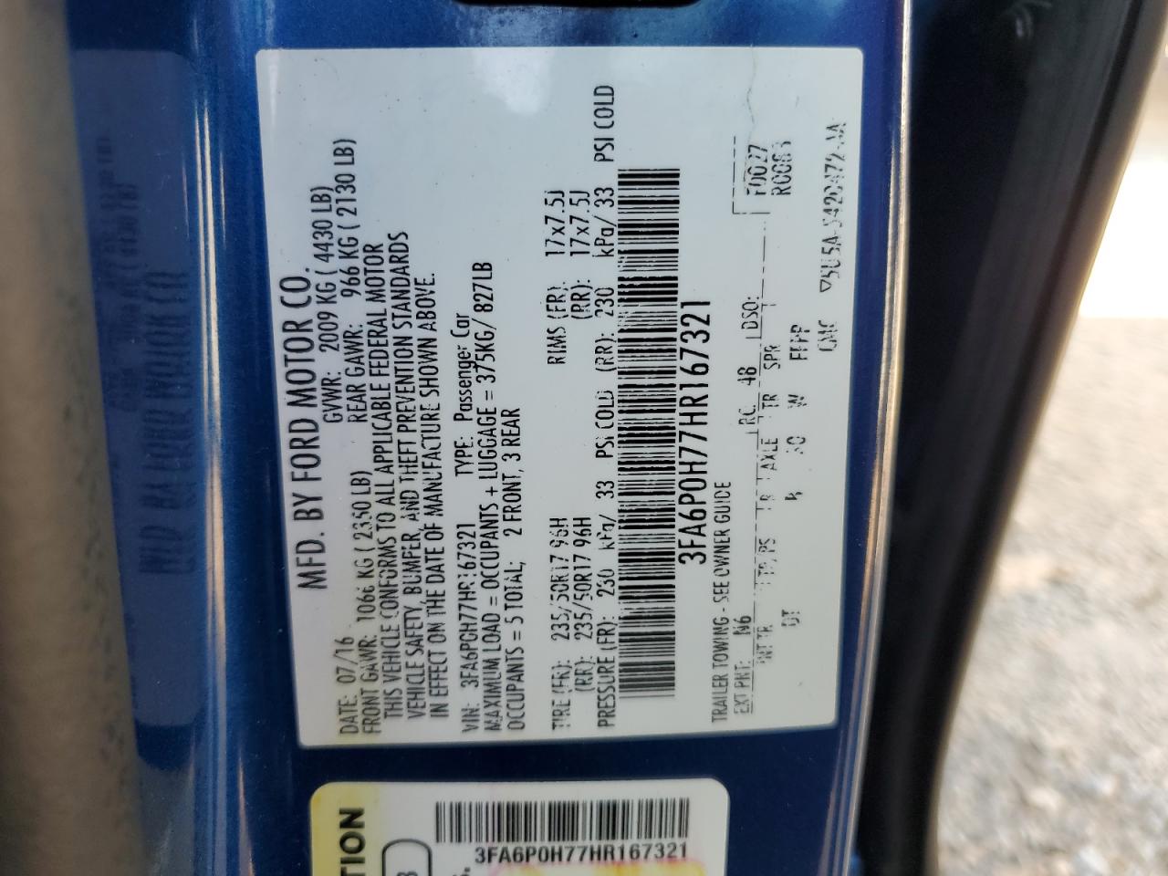 2017 Ford Fusion Se VIN: 3FA6P0H77HR167321 Lot: 66531934