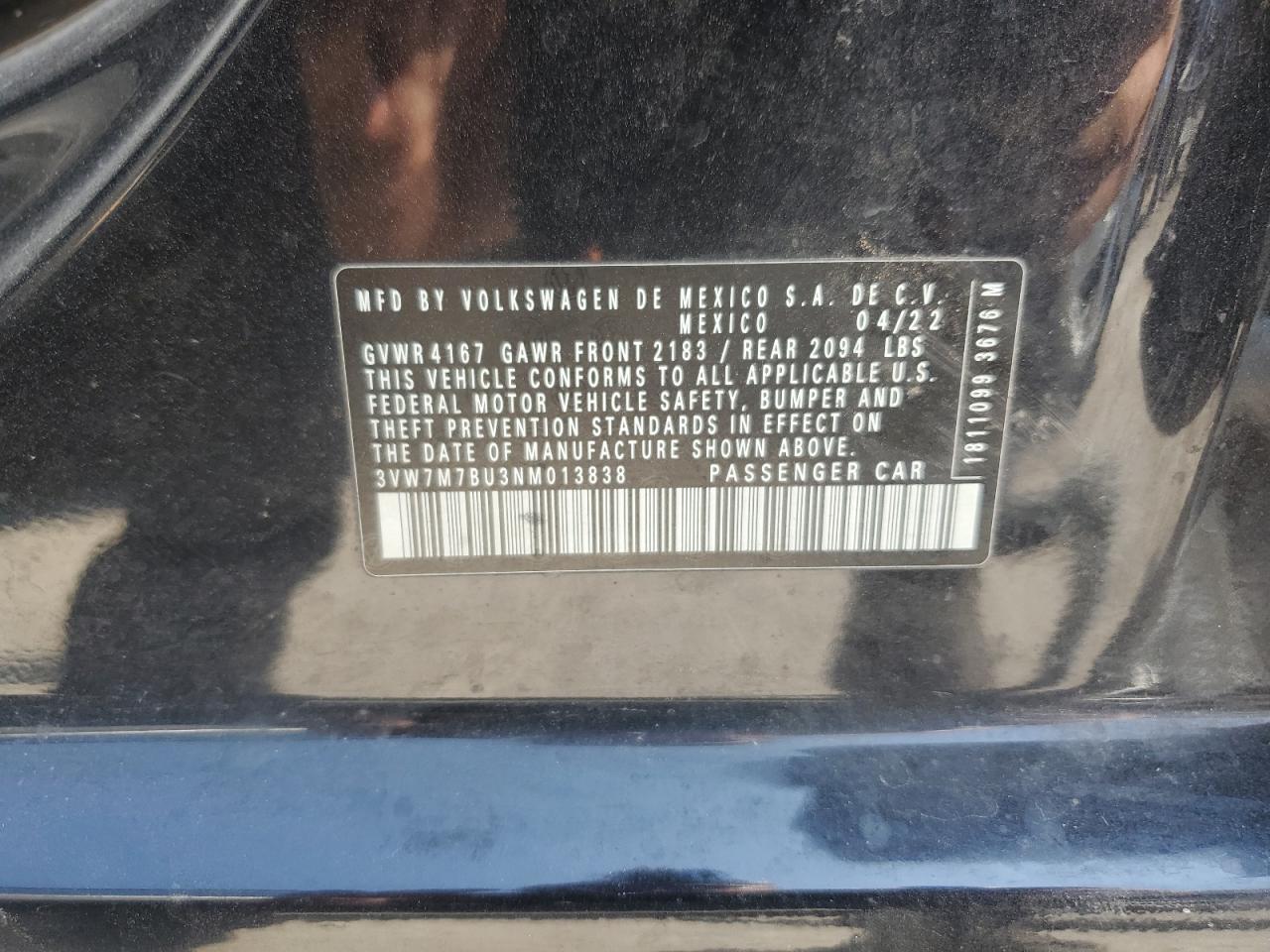 3VW7M7BU3NM013838 2022 Volkswagen Jetta Se