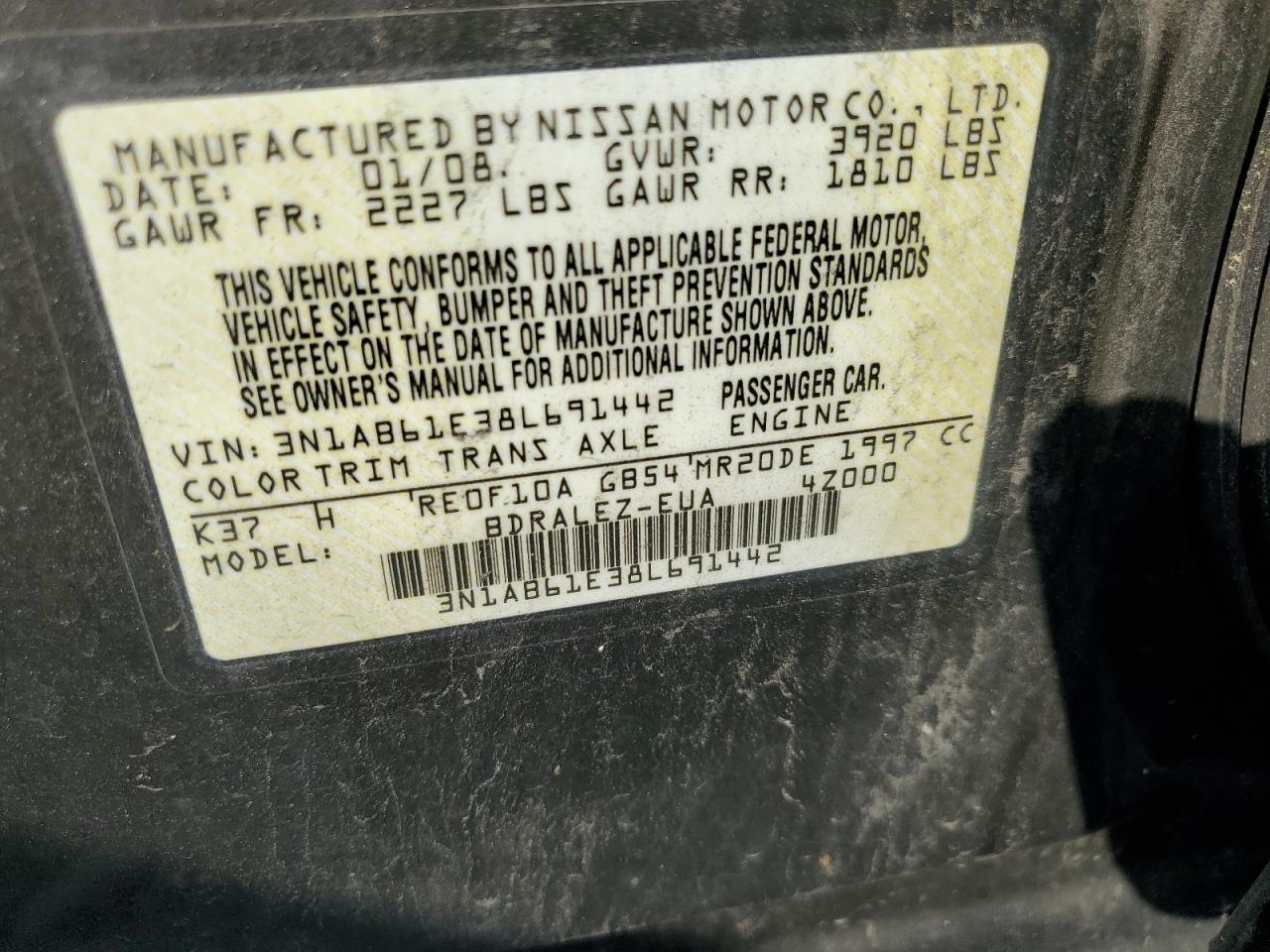 3N1AB61E38L691442 2008 Nissan Sentra 2.0