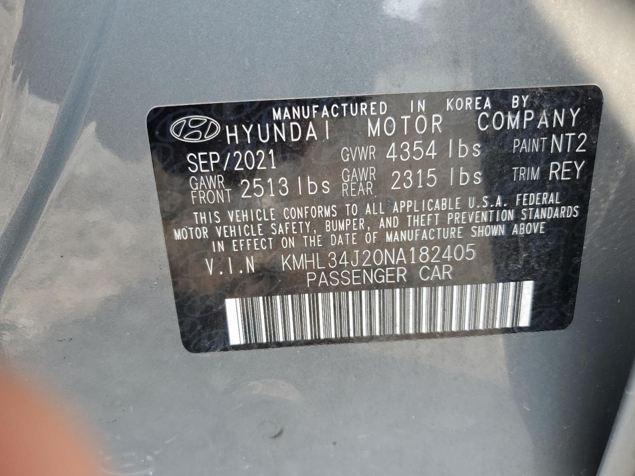 2022 Hyundai Sonata Limited VIN: KMHL34J20NA182405 Lot: 65743494