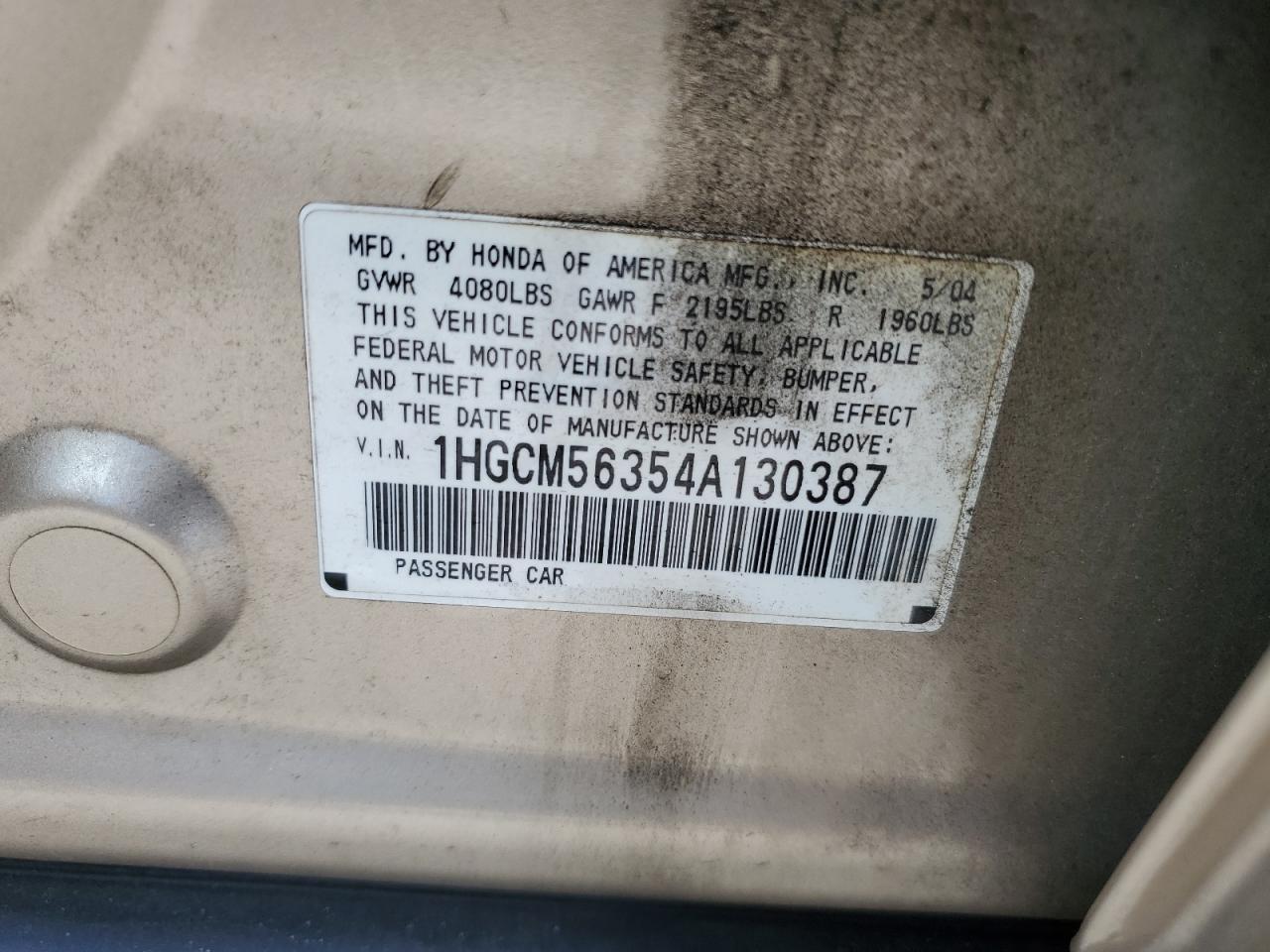 1HGCM56354A130387 2004 Honda Accord Lx