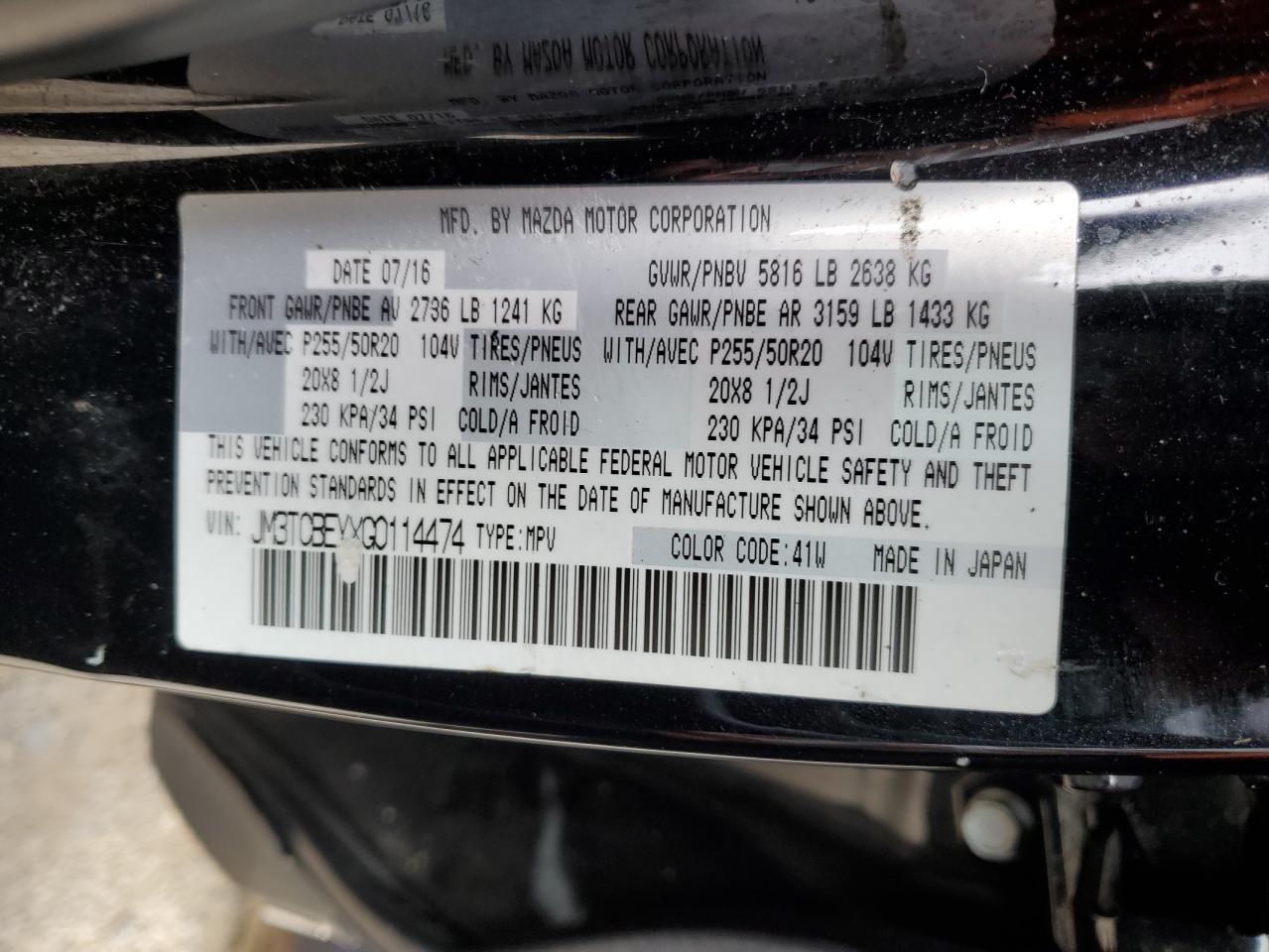 JM3TCBEYXG0114474 2016 Mazda Cx-9 Signature