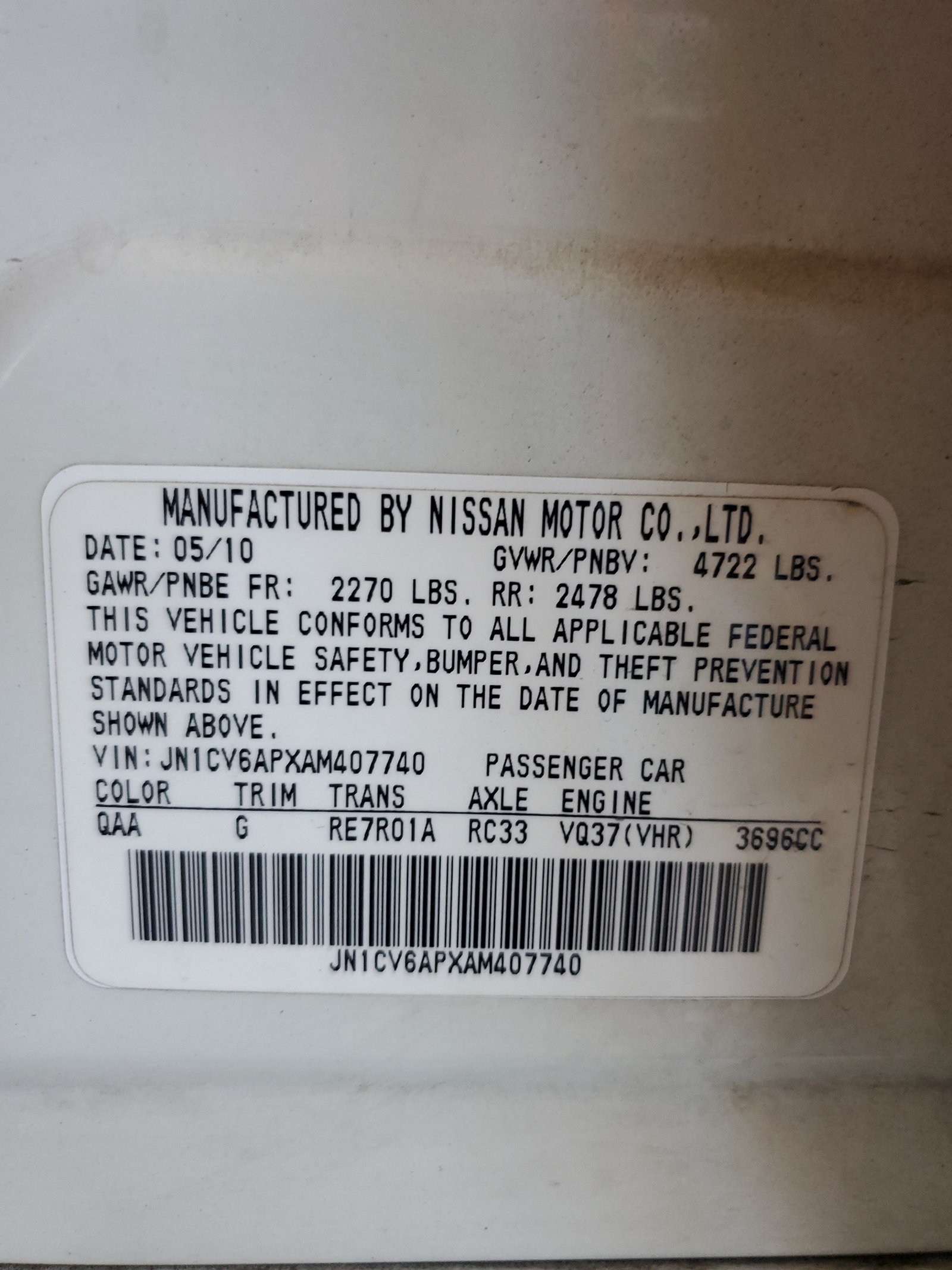 JN1CV6APXAM407740 2010 Infiniti G37 Base