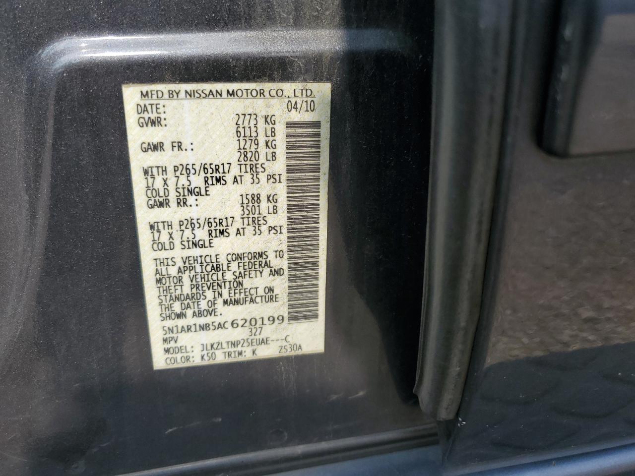 2010 Nissan Pathfinder S VIN: 5N1AR1NB5AC620199 Lot: 66252044