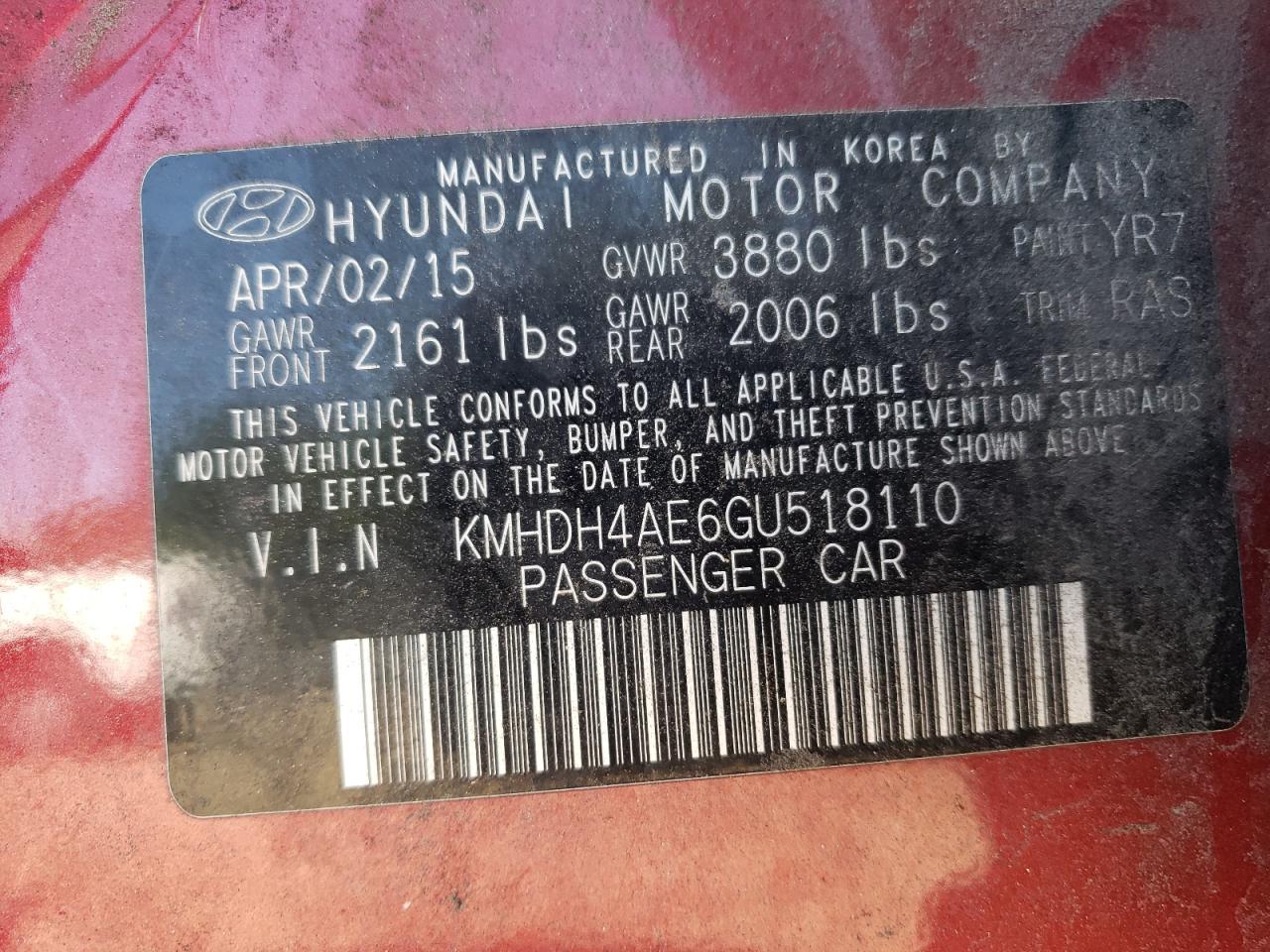 KMHDH4AE6GU518110 2016 Hyundai Elantra Se