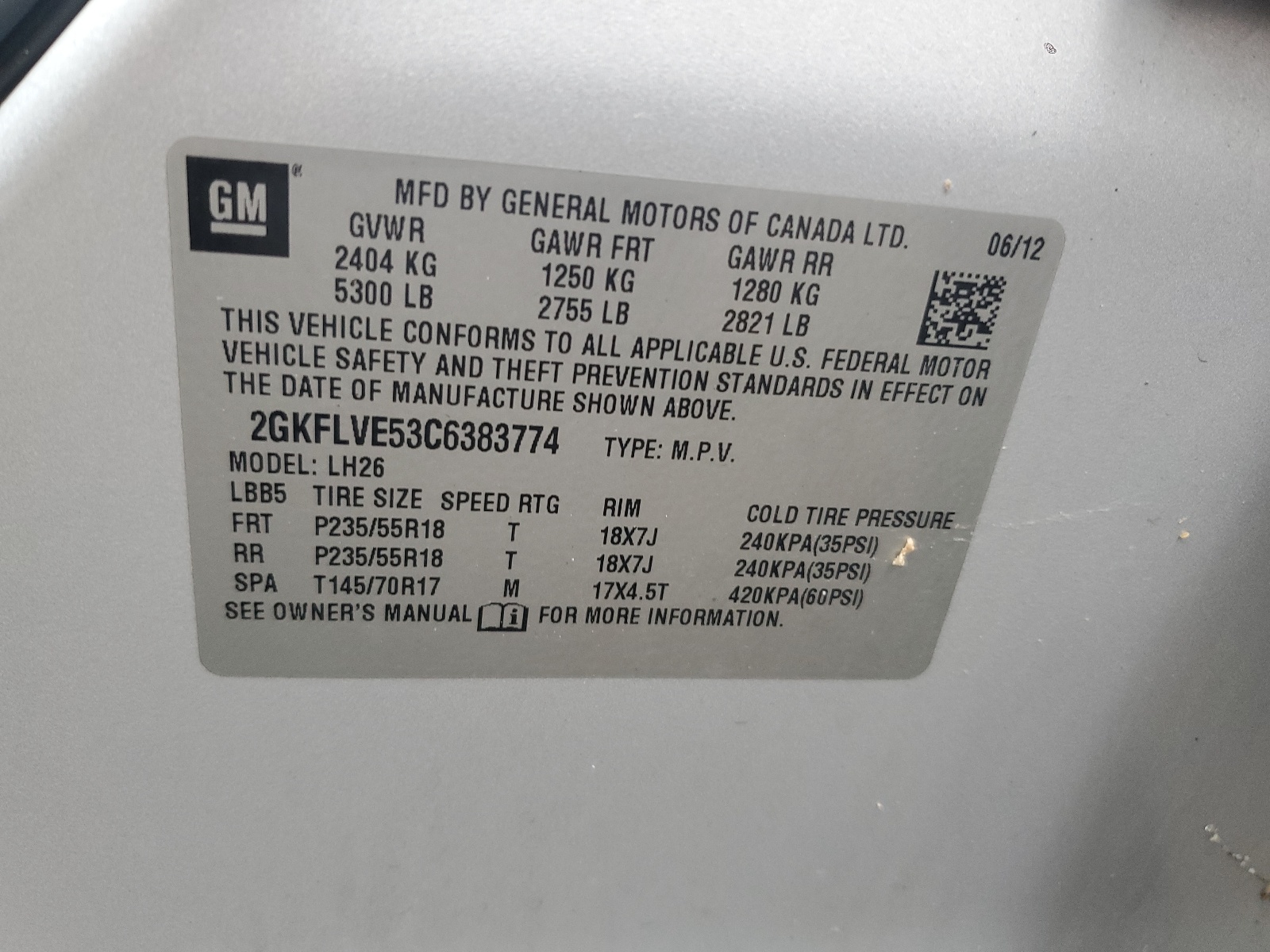 2GKFLVE53C6383774 2012 GMC Terrain Slt