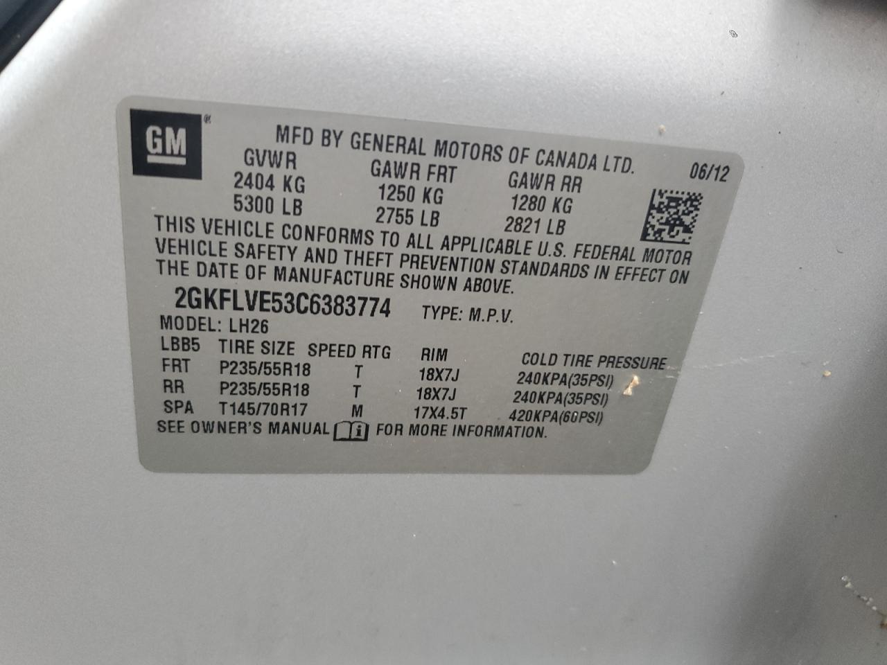 2012 GMC Terrain Slt VIN: 2GKFLVE53C6383774 Lot: 65791164