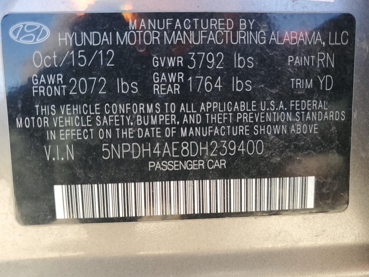 2013 Hyundai Elantra Gls VIN: 5NPDH4AE8DH239400 Lot: 67959834