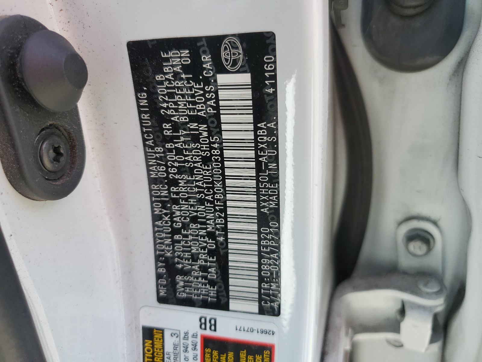 4T1B21FB0KU003845 2019 Toyota Avalon Xle