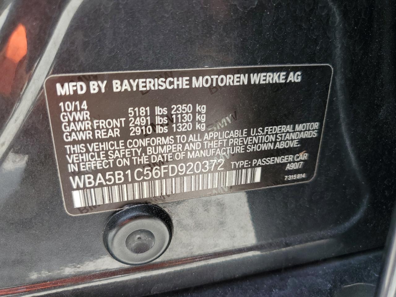 2015 BMW 535 I VIN: WBA5B1C56FD920372 Lot: 67038274