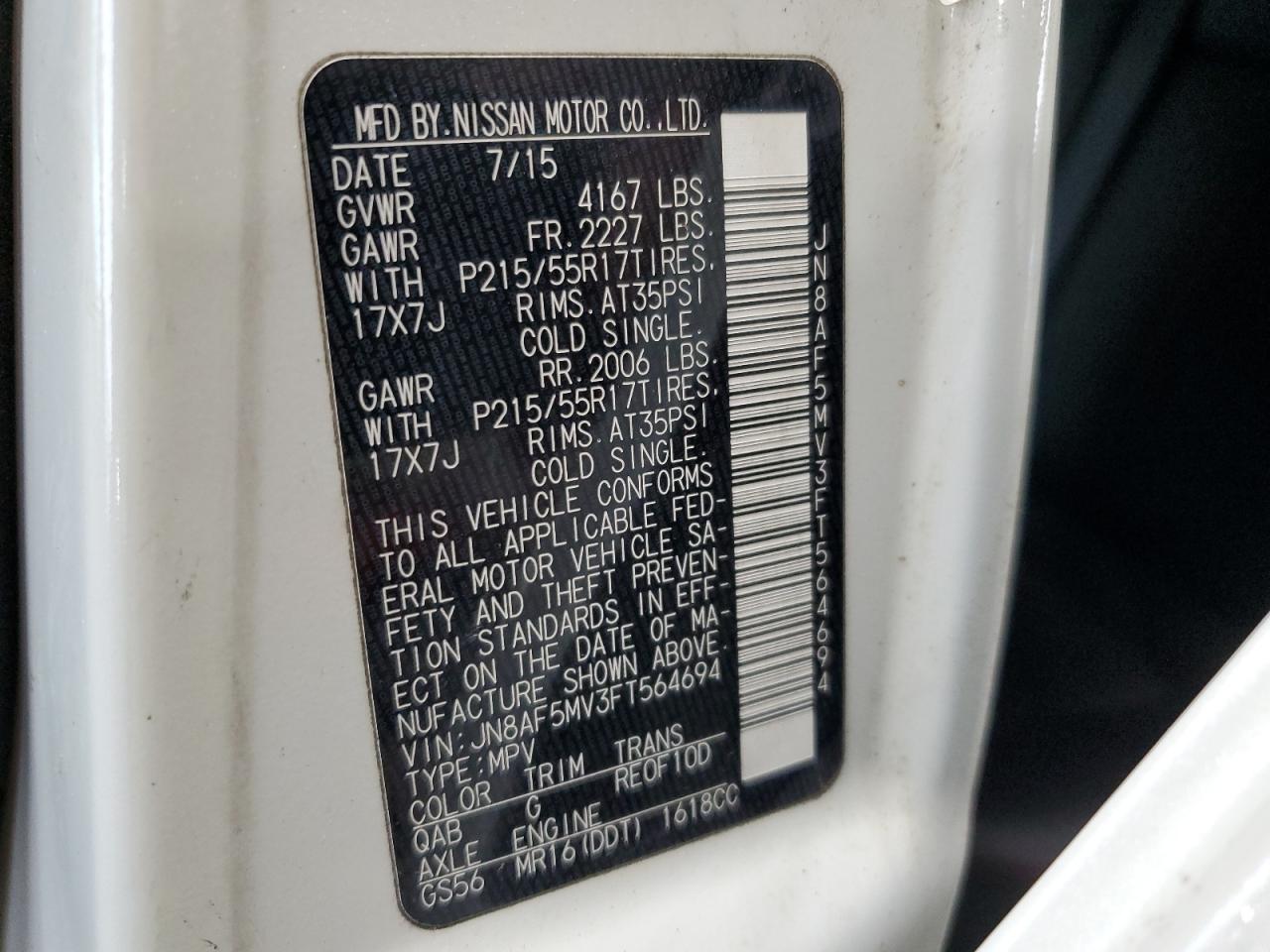 2015 Nissan Juke S VIN: JN8AF5MV3FT564694 Lot: 65739154