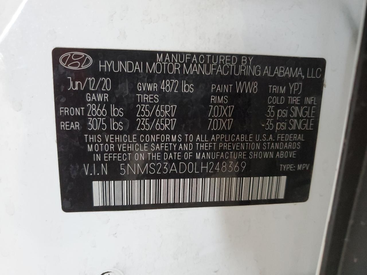 2020 Hyundai Santa Fe Se VIN: 5NMS23AD0LH248369 Lot: 67727514