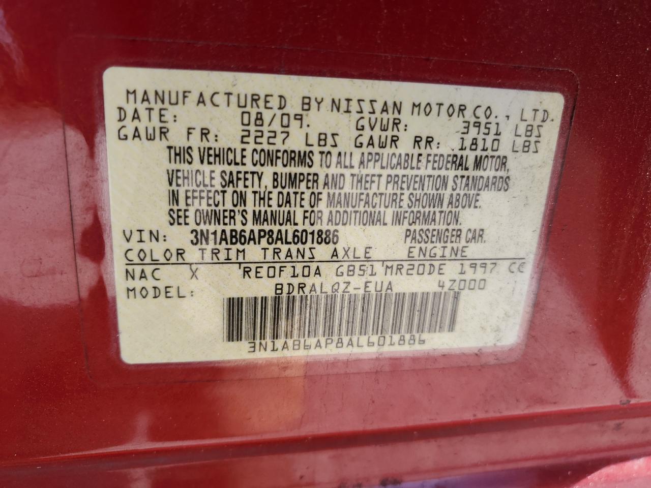 2010 Nissan Sentra 2.0 VIN: 3N1AB6AP8AL601886 Lot: 65763034