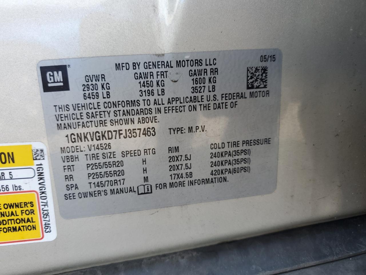 2015 Chevrolet Traverse Lt VIN: 1GNKVGKD7FJ357463 Lot: 65828934