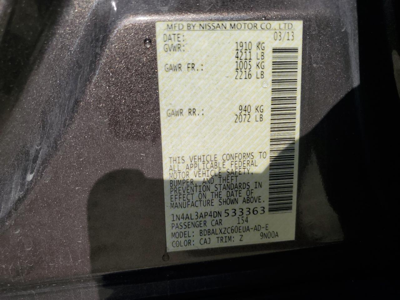 2013 Nissan Altima 2.5 VIN: 1N4AL3AP4DN533363 Lot: 66749844