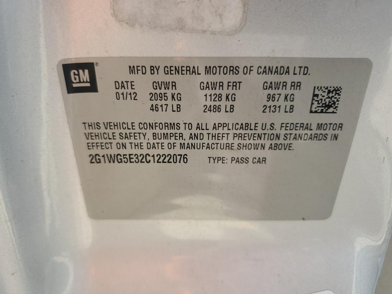 2012 Chevrolet Impala Lt VIN: 2G1WG5E32C1222076 Lot: 69183894