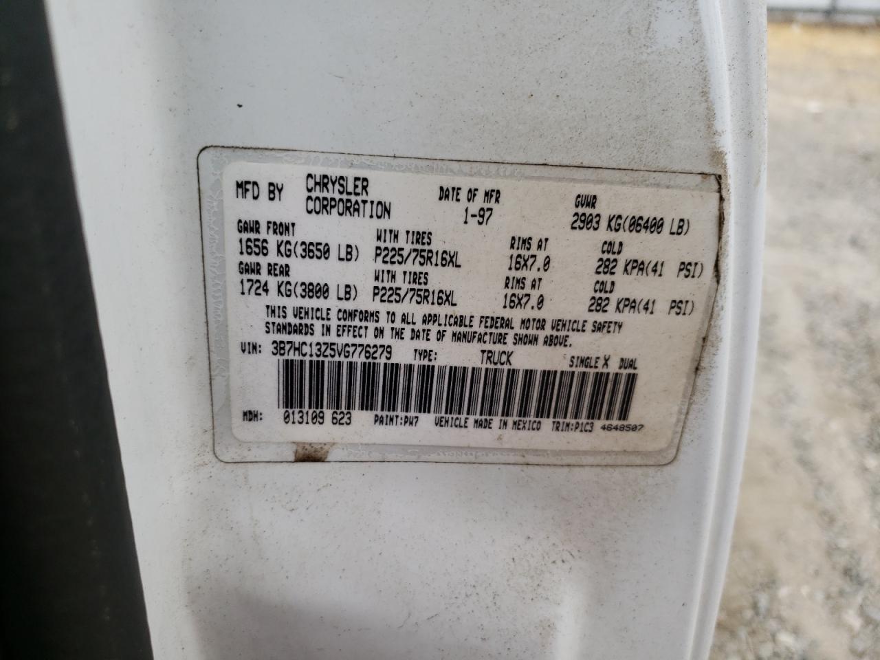 1997 Dodge Ram 1500 VIN: 3B7HC13Z5VG776279 Lot: 68575584