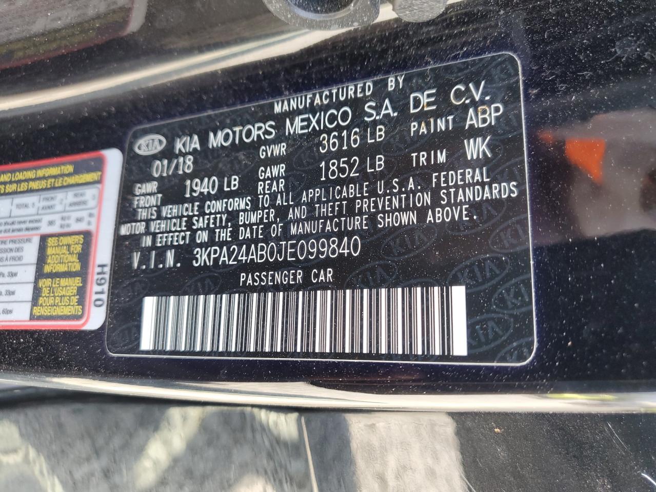 3KPA24AB0JE099840 2018 Kia Rio Lx