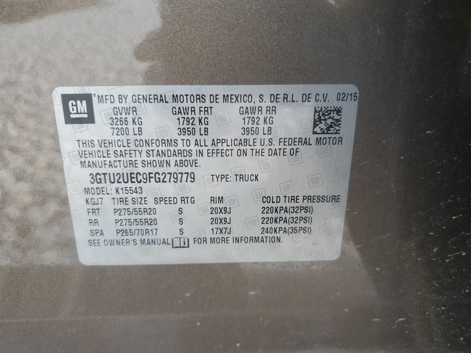 3GTU2UEC9FG279779 2015 GMC Sierra K1500 Sle