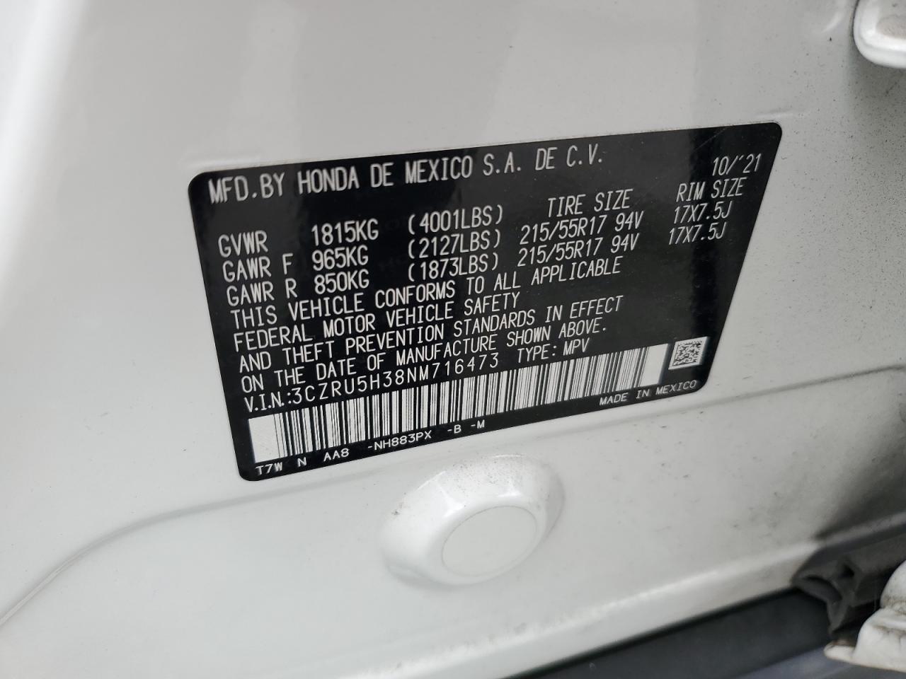 3CZRU5H38NM716473 2022 Honda Hr-V Lx