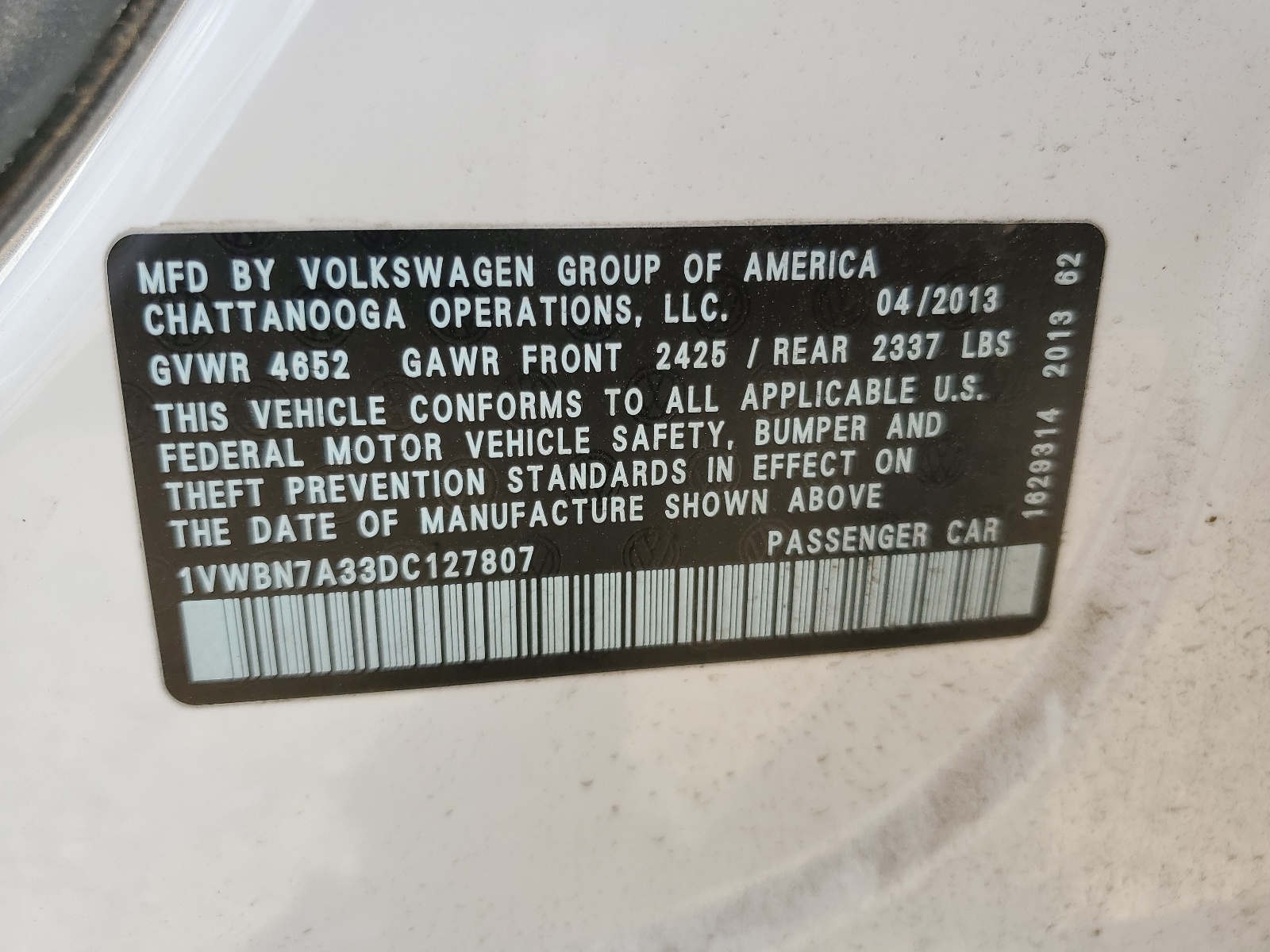 1VWBN7A33DC127807 2013 Volkswagen Passat Se