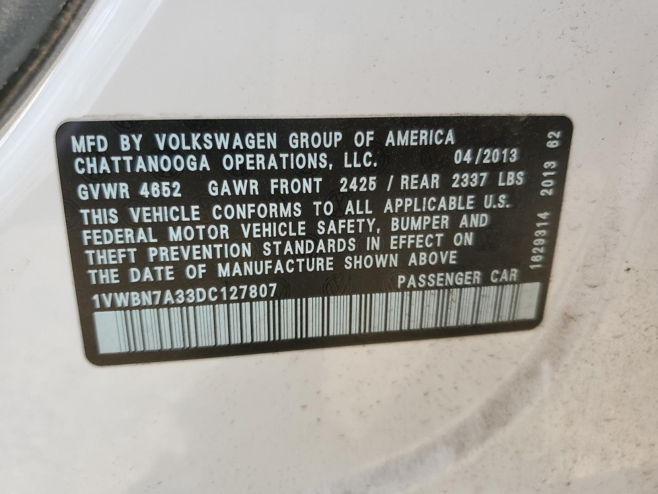 2013 Volkswagen Passat Se VIN: 1VWBN7A33DC127807 Lot: 66862064