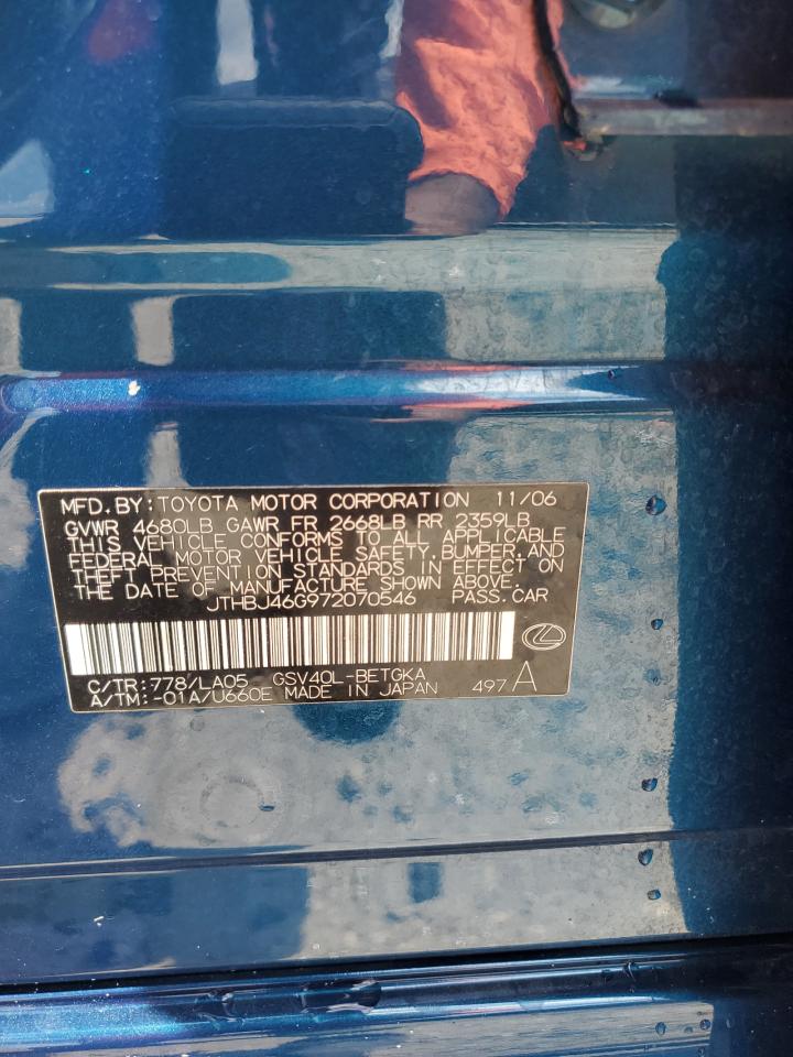 2007 Lexus Es 350 VIN: JTHBJ46G972070546 Lot: 68167764