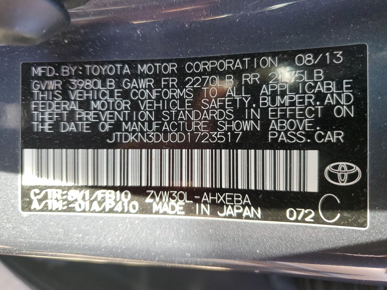 JTDKN3DU0D1723517 2013 Toyota Prius