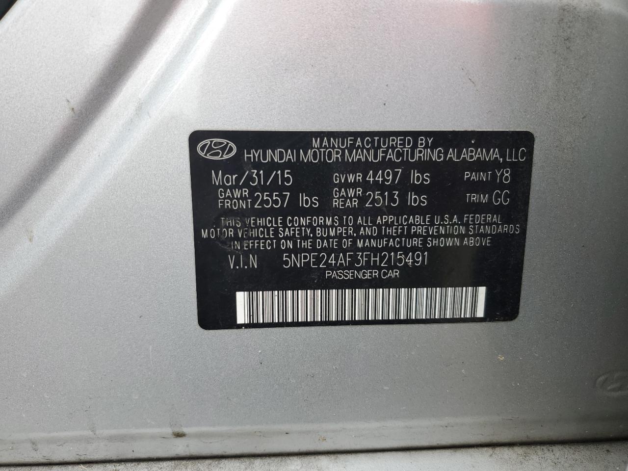 2015 Hyundai Sonata Se VIN: 5NPE24AF3FH215491 Lot: 65706944