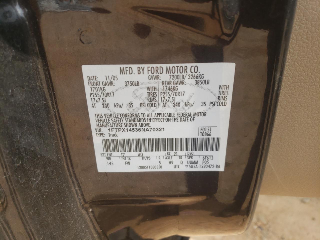 2006 Ford F150 VIN: 1FTPX14536NA70321 Lot: 66997104