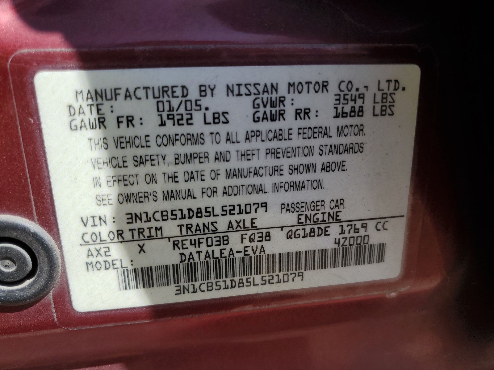 3N1CB51D85L521079 2005 Nissan Sentra 1.8