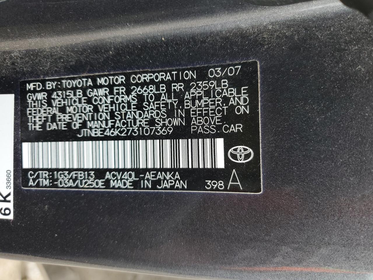 JTNBE46K273107369 2007 Toyota Camry Ce