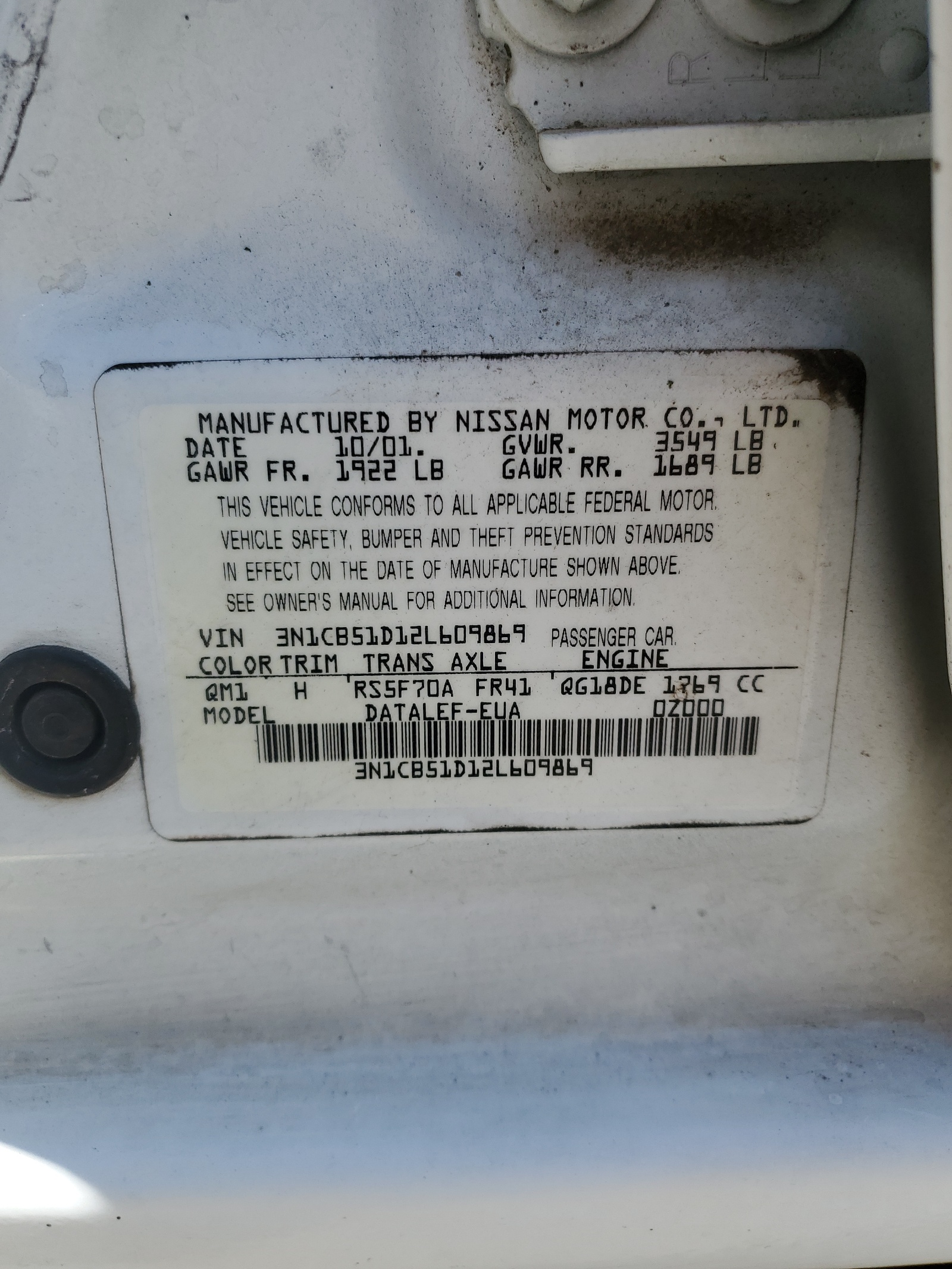 3N1CB51D12L609869 2002 Nissan Sentra Xe