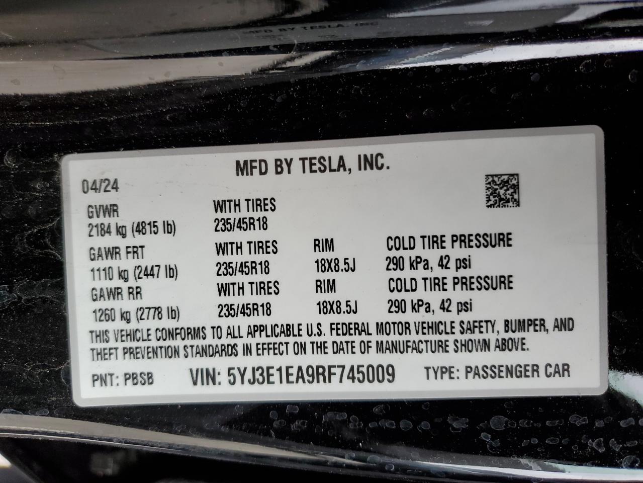 2024 Tesla Model 3 VIN: 5YJ3E1EA9RF745009 Lot: 65848794