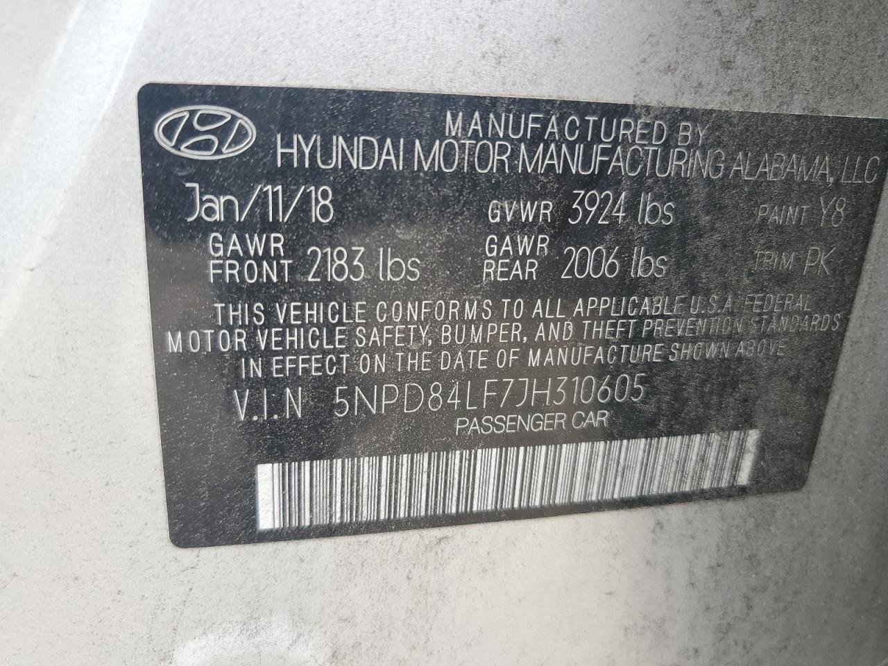 5NPD84LF7JH310605 2018 Hyundai Elantra Sel