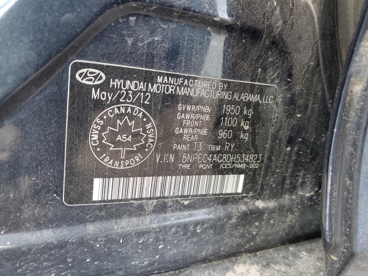 2013 Hyundai Sonata Se VIN: 5NPEC4AC8DH534823 Lot: 65332414