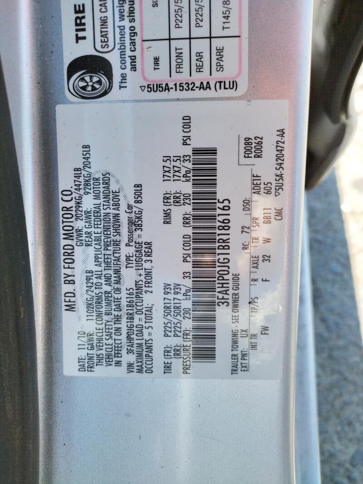 2011 Ford Fusion Sel VIN: 3FAHP0JG1BR186165 Lot: 66034464