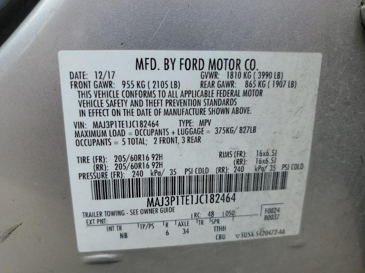 2018 Ford Ecosport Se VIN: MAJ3P1TE1JC182464 Lot: 65417294