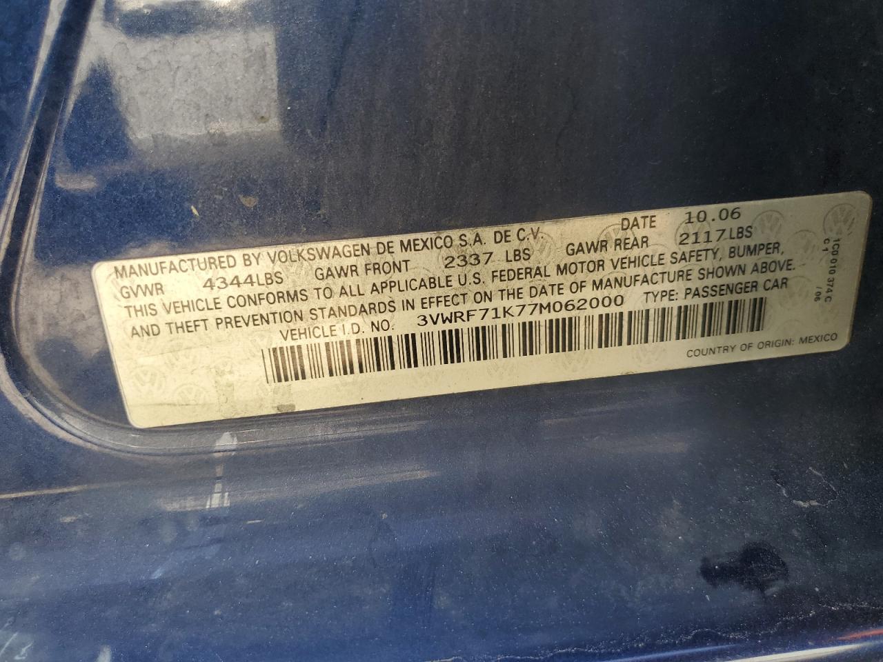 2007 Volkswagen Jetta 2.5 Option Package 1 VIN: 3VWRF71K77M062000 Lot: 65843744