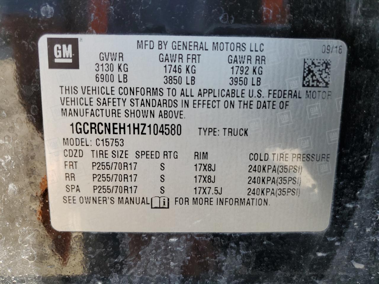 1GCRCNEH1HZ104580 2017 Chevrolet Silverado C1500