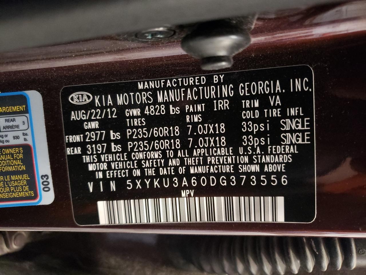 2013 Kia Sorento Ex VIN: 5XYKU3A60DG373556 Lot: 66702594