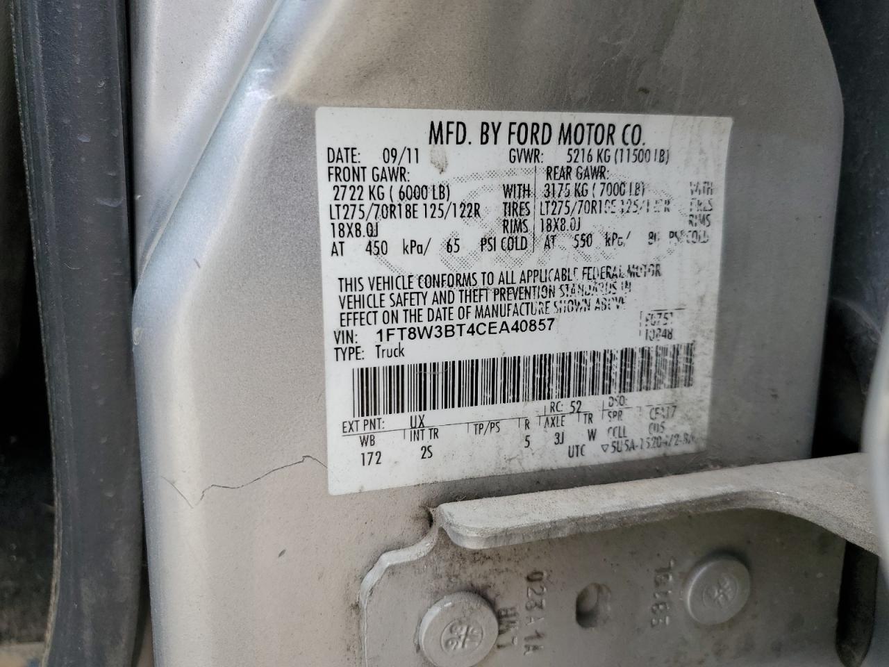 2012 Ford F350 Super Duty VIN: 1FT8W3BT4CEA40857 Lot: 66428034