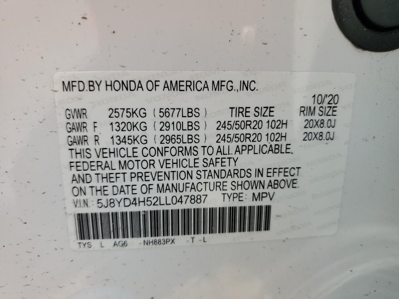 5J8YD4H52LL047887 2020 Acura Mdx Technology