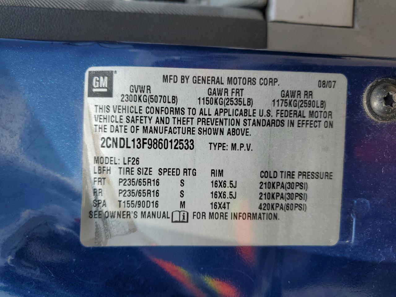 2008 Chevrolet Equinox Ls VIN: 2CNDL13F986012533 Lot: 68074924