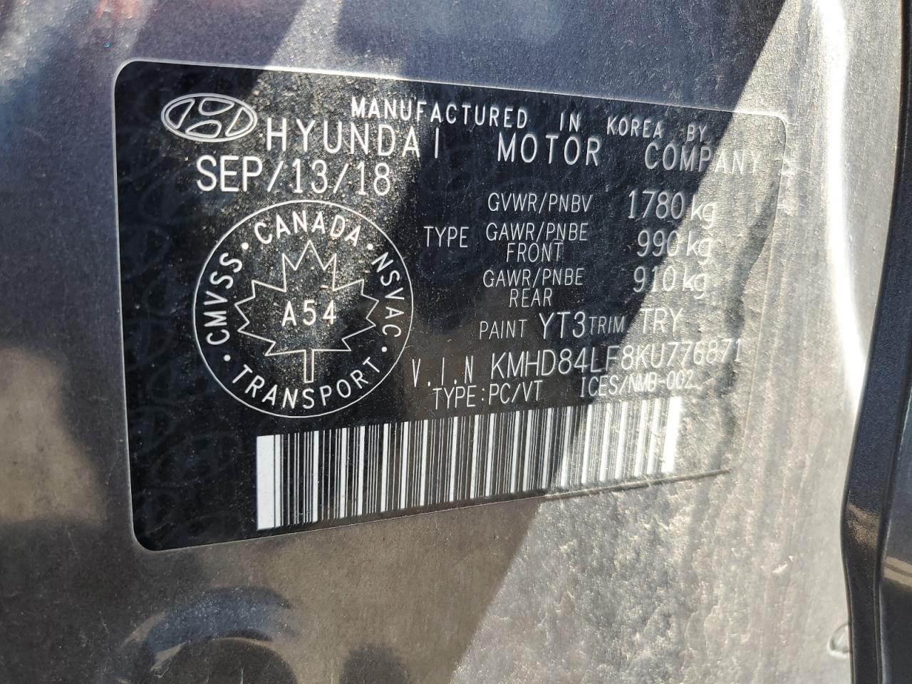 2019 Hyundai Elantra Sel VIN: KMHD84LF8KU776871 Lot: 67344414