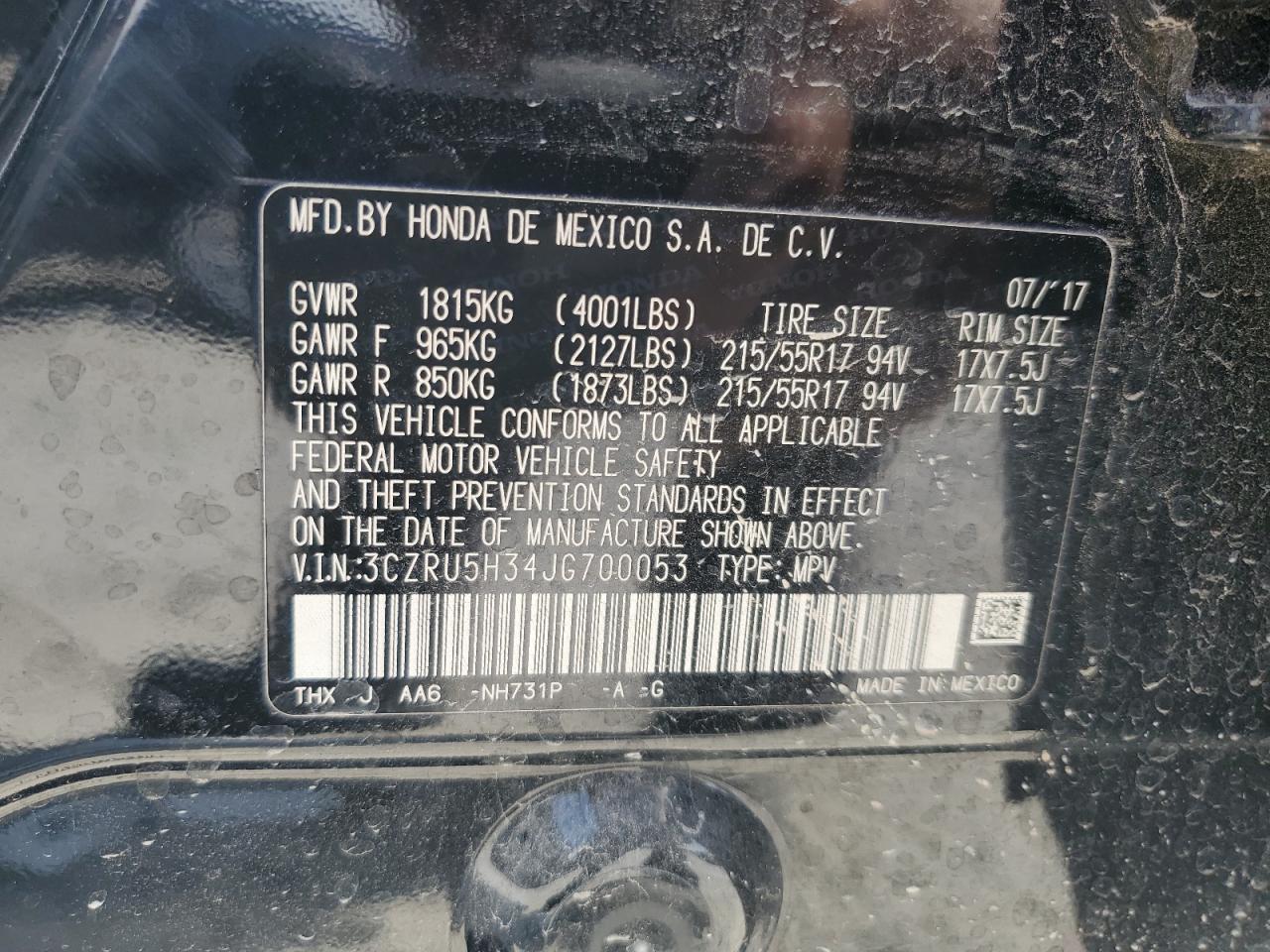 2018 Honda Hr-V Lx VIN: 3CZRU5H34JG700053 Lot: 67260354