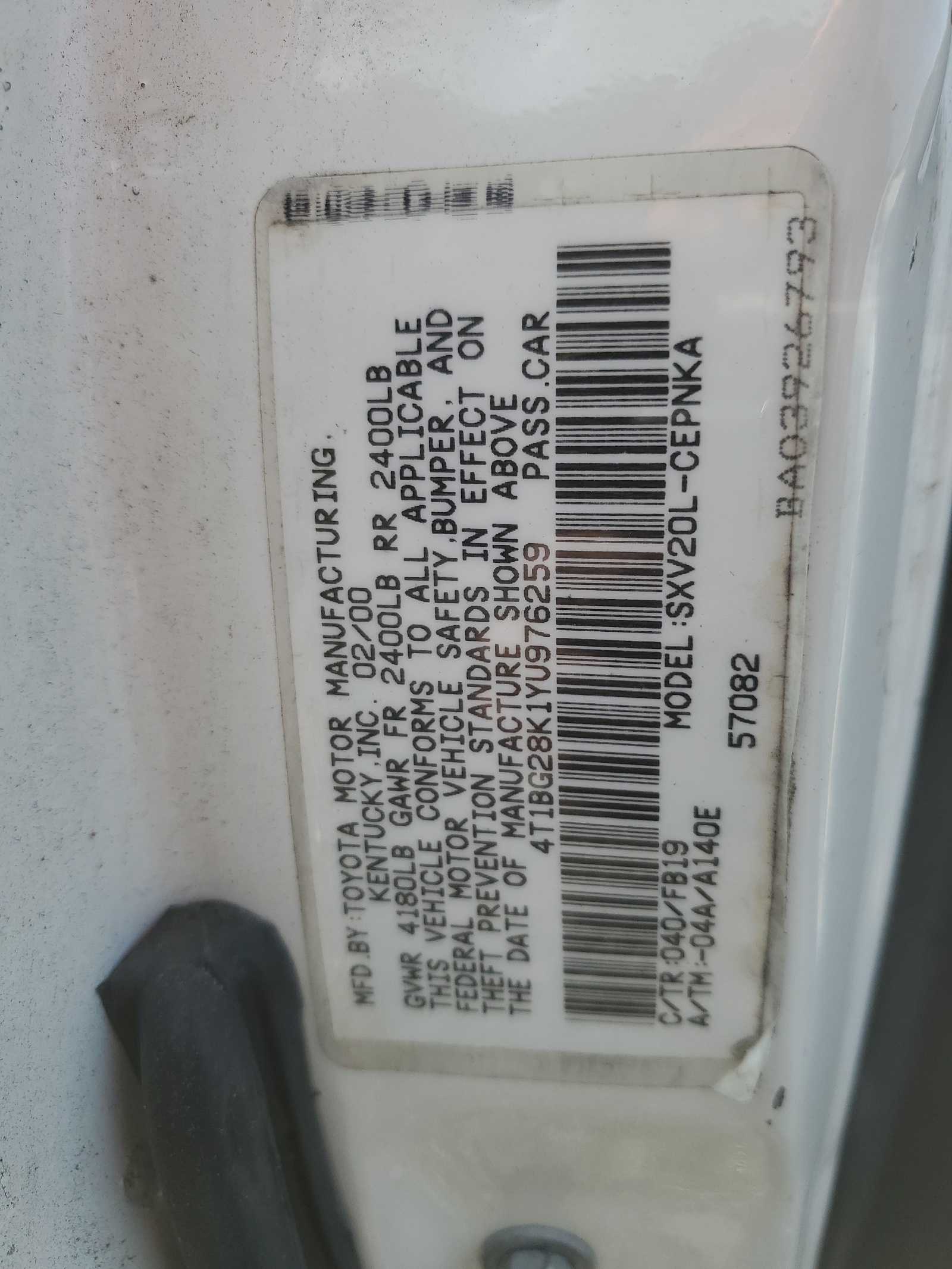 4T1BG28K1YU976259 2000 Toyota Camry Ce