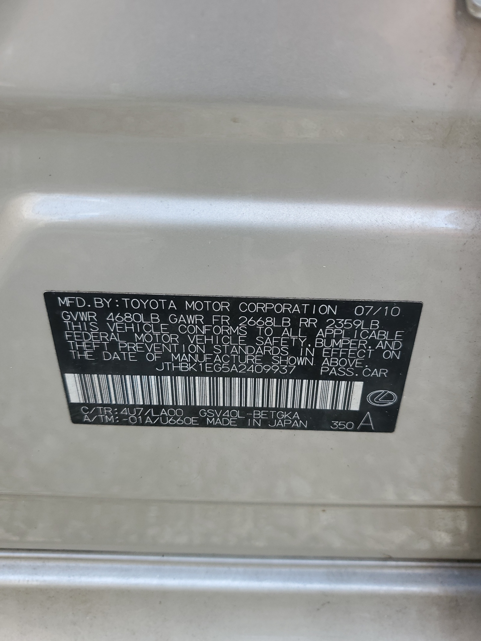 JTHBK1EG5A2409937 2010 Lexus Es 350