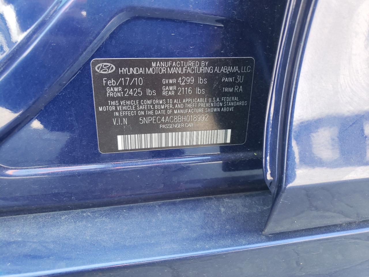 5NPEC4AC8BH018992 2011 Hyundai Sonata Se