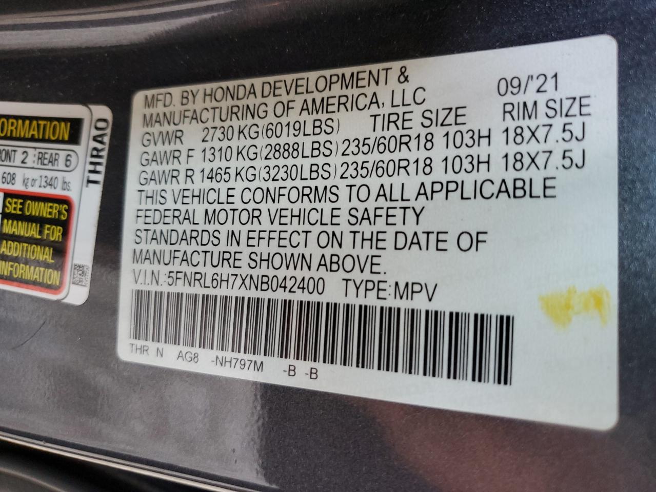 2022 Honda Odyssey Exl VIN: 5FNRL6H7XNB042400 Lot: 67935174